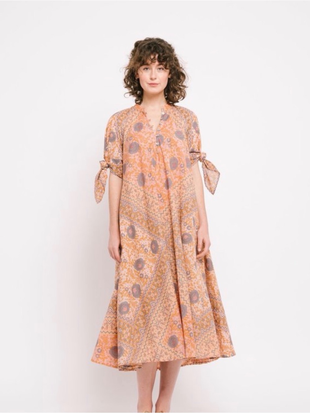 Matta Peach Paisley & Geo Tie-Sleeve Midi Dress with Lilac Accents